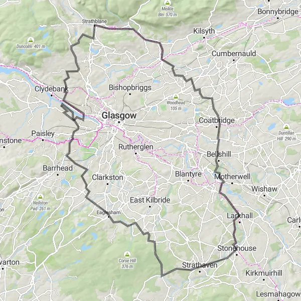 Map miniature of "The Strathaven Circuit" cycling inspiration in Southern Scotland, United Kingdom. Generated by Tarmacs.app cycling route planner