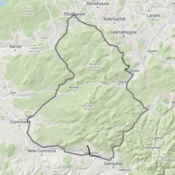 Map miniature of "Through the Hills of Strathaven" cycling inspiration in Southern Scotland, United Kingdom. Generated by Tarmacs.app cycling route planner