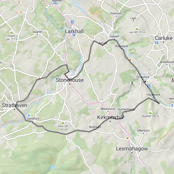 Map miniature of "Countryside Escape: Crossford" cycling inspiration in Southern Scotland, United Kingdom. Generated by Tarmacs.app cycling route planner