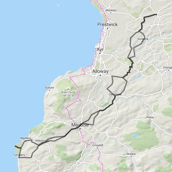 Map miniature of "The Annbank and Maybole Loop" cycling inspiration in Southern Scotland, United Kingdom. Generated by Tarmacs.app cycling route planner