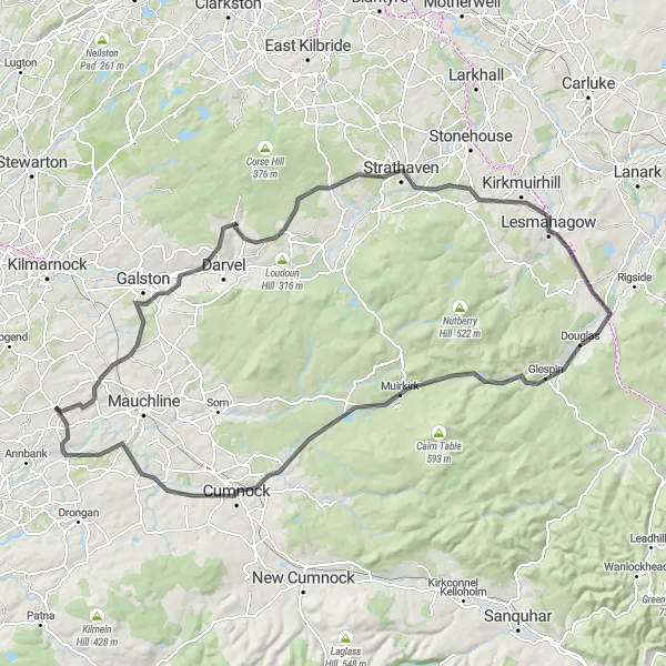 Map miniature of "The Crosshands and Newmilns Circuit" cycling inspiration in Southern Scotland, United Kingdom. Generated by Tarmacs.app cycling route planner