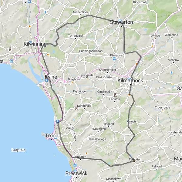 Map miniature of "Monkton and Irvine Loop" cycling inspiration in Southern Scotland, United Kingdom. Generated by Tarmacs.app cycling route planner