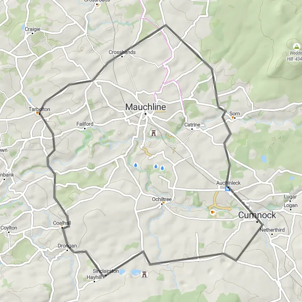 Map miniature of "Cumnock and Drongan Loop" cycling inspiration in Southern Scotland, United Kingdom. Generated by Tarmacs.app cycling route planner