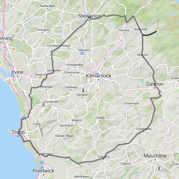 Map miniature of "Dreghorn Loop" cycling inspiration in Southern Scotland, United Kingdom. Generated by Tarmacs.app cycling route planner