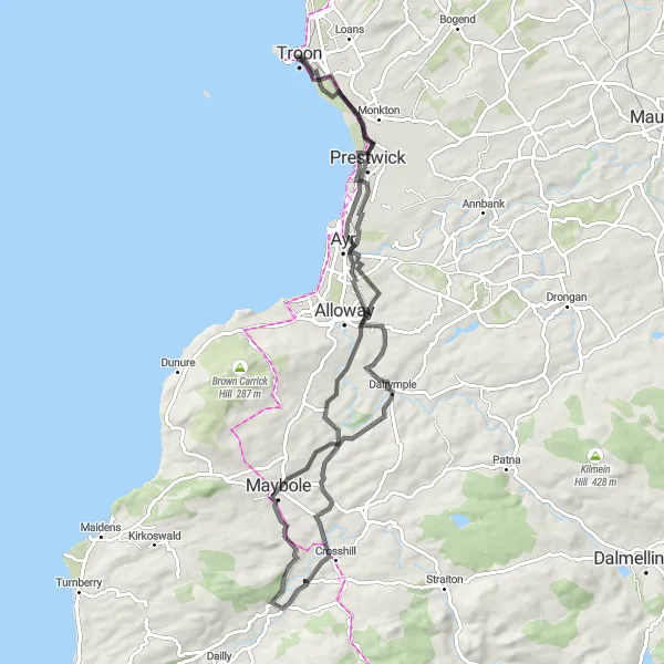 Map miniature of "Prestwick and Dalrymple Loop" cycling inspiration in Southern Scotland, United Kingdom. Generated by Tarmacs.app cycling route planner