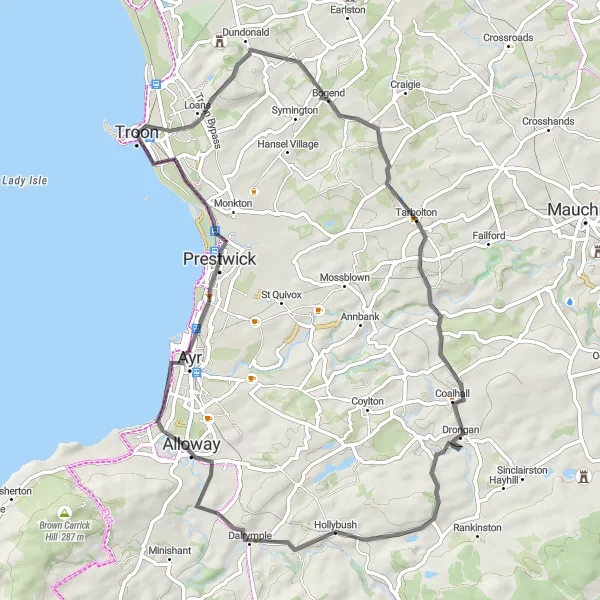 Map miniature of "Troon Hills and Villages" cycling inspiration in Southern Scotland, United Kingdom. Generated by Tarmacs.app cycling route planner