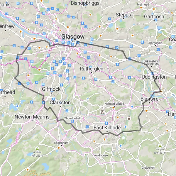 Map miniature of "East Kilbride and Cultural Exploration" cycling inspiration in Southern Scotland, United Kingdom. Generated by Tarmacs.app cycling route planner