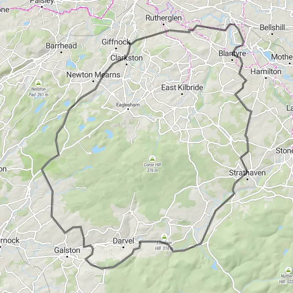 Map miniature of "The Blantyre Bluff Challenge" cycling inspiration in Southern Scotland, United Kingdom. Generated by Tarmacs.app cycling route planner