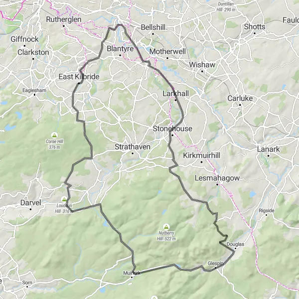 Map miniature of "Roundtrip to the East" cycling inspiration in Southern Scotland, United Kingdom. Generated by Tarmacs.app cycling route planner