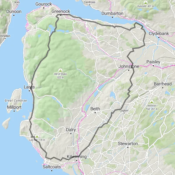 Map miniature of "The Kilbride Classic" cycling inspiration in Southern Scotland, United Kingdom. Generated by Tarmacs.app cycling route planner