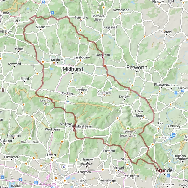 Map miniature of "Arundel to Lodsworth Gravel Route" cycling inspiration in Surrey, East and West Sussex, United Kingdom. Generated by Tarmacs.app cycling route planner