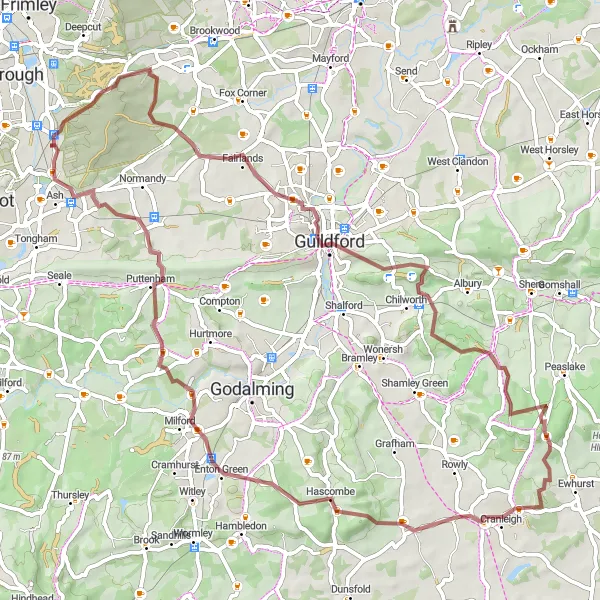 Map miniature of "Ash Vale and Guildford Hill Adventure" cycling inspiration in Surrey, East and West Sussex, United Kingdom. Generated by Tarmacs.app cycling route planner