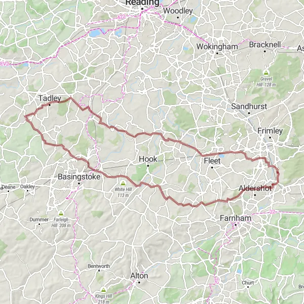 Map miniature of "Ash Vale Gravel Adventure" cycling inspiration in Surrey, East and West Sussex, United Kingdom. Generated by Tarmacs.app cycling route planner