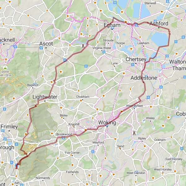 Map miniature of "Surrey Hills Gravel Challenge" cycling inspiration in Surrey, East and West Sussex, United Kingdom. Generated by Tarmacs.app cycling route planner