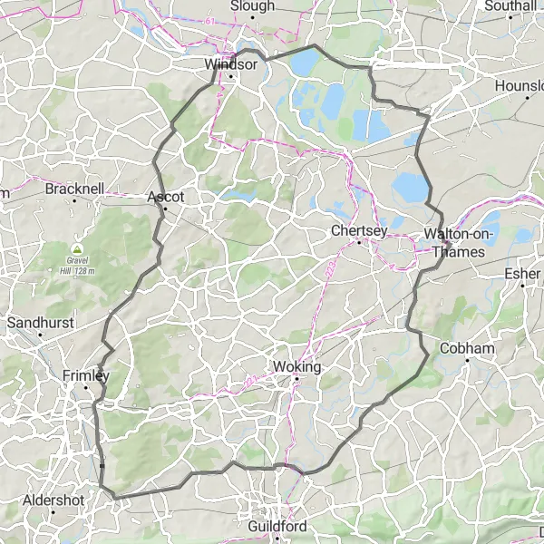 Map miniature of "Surrey Countryside Escape" cycling inspiration in Surrey, East and West Sussex, United Kingdom. Generated by Tarmacs.app cycling route planner