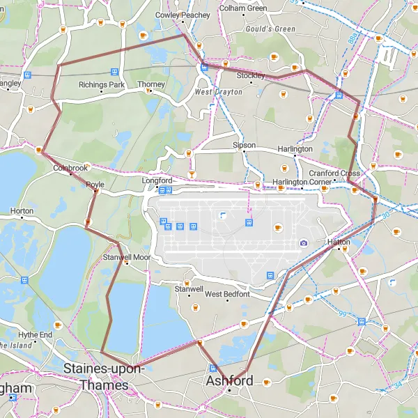 Map miniature of "Iver and Hayes Loop" cycling inspiration in Surrey, East and West Sussex, United Kingdom. Generated by Tarmacs.app cycling route planner