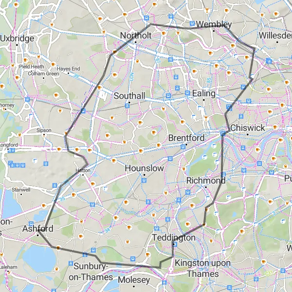 Map miniature of "Hayes Hills" cycling inspiration in Surrey, East and West Sussex, United Kingdom. Generated by Tarmacs.app cycling route planner
