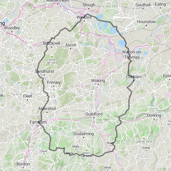 Map miniature of "Walton-on-Thames Adventure" cycling inspiration in Surrey, East and West Sussex, United Kingdom. Generated by Tarmacs.app cycling route planner