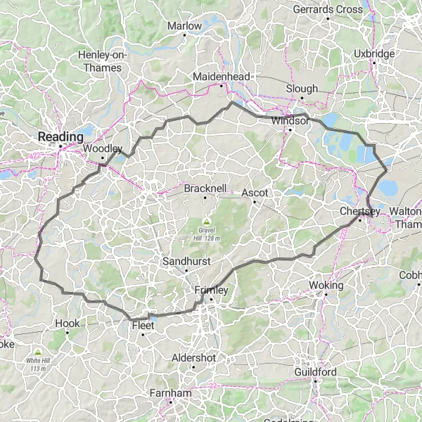 Map miniature of "Ashford Circular Road Cycling Route" cycling inspiration in Surrey, East and West Sussex, United Kingdom. Generated by Tarmacs.app cycling route planner