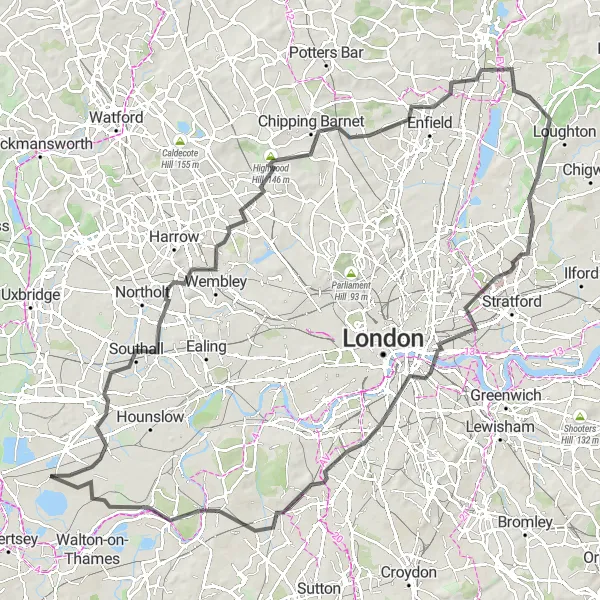 Map miniature of "Ashford to Tower Bridge Road Cycling Route" cycling inspiration in Surrey, East and West Sussex, United Kingdom. Generated by Tarmacs.app cycling route planner