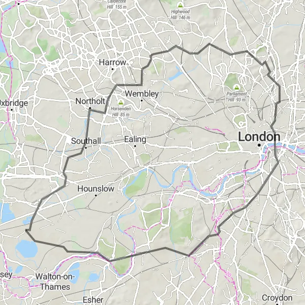 Map miniature of "Ashford to Hampton Court Palace Road Cycling Route" cycling inspiration in Surrey, East and West Sussex, United Kingdom. Generated by Tarmacs.app cycling route planner