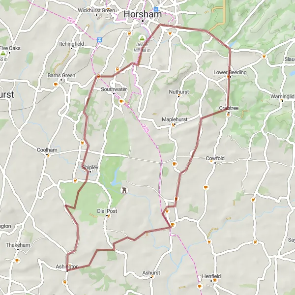 Map miniature of "Southwater Loop" cycling inspiration in Surrey, East and West Sussex, United Kingdom. Generated by Tarmacs.app cycling route planner