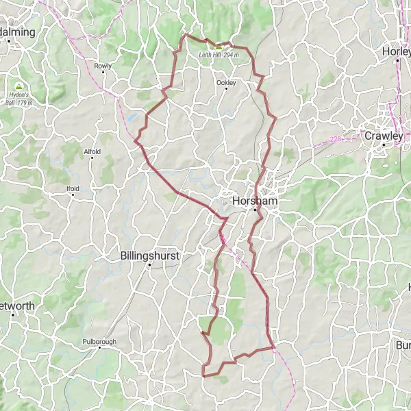 Map miniature of "Daring Gravel Challenge" cycling inspiration in Surrey, East and West Sussex, United Kingdom. Generated by Tarmacs.app cycling route planner