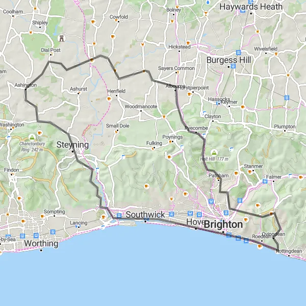 Map miniature of "Sussex Adventure" cycling inspiration in Surrey, East and West Sussex, United Kingdom. Generated by Tarmacs.app cycling route planner