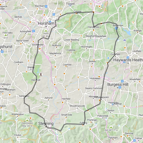 Map miniature of "Discovering Sussex Outskirts" cycling inspiration in Surrey, East and West Sussex, United Kingdom. Generated by Tarmacs.app cycling route planner