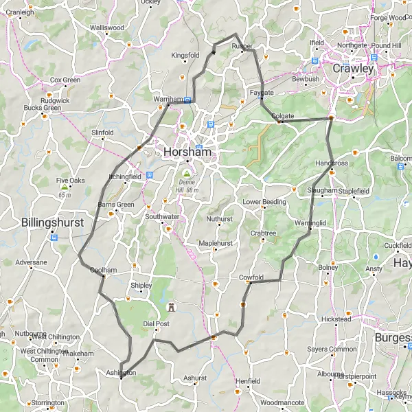 Map miniature of "Scenic Surrey Loop" cycling inspiration in Surrey, East and West Sussex, United Kingdom. Generated by Tarmacs.app cycling route planner
