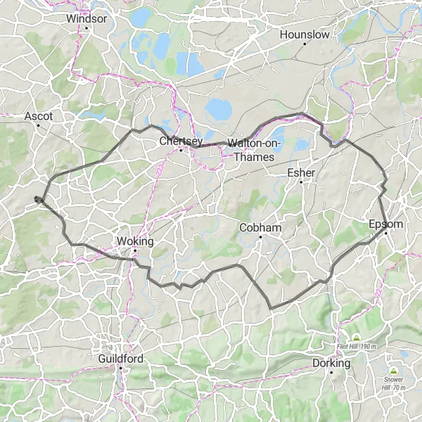 Map miniature of "The Hampton Court Tour" cycling inspiration in Surrey, East and West Sussex, United Kingdom. Generated by Tarmacs.app cycling route planner