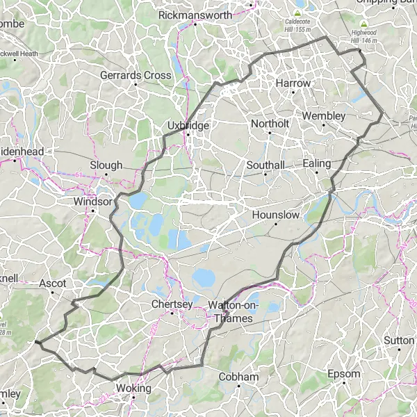 Map miniature of "Bagshot - Cascade - Old Windsor - Ruislip - Edgware - The Platform - Acton - Meridian Line Marker - Weybridge - Lightwater" cycling inspiration in Surrey, East and West Sussex, United Kingdom. Generated by Tarmacs.app cycling route planner