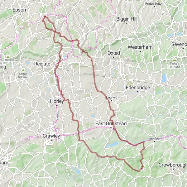 Map miniature of "Discover Surrey's Gravel Gems" cycling inspiration in Surrey, East and West Sussex, United Kingdom. Generated by Tarmacs.app cycling route planner
