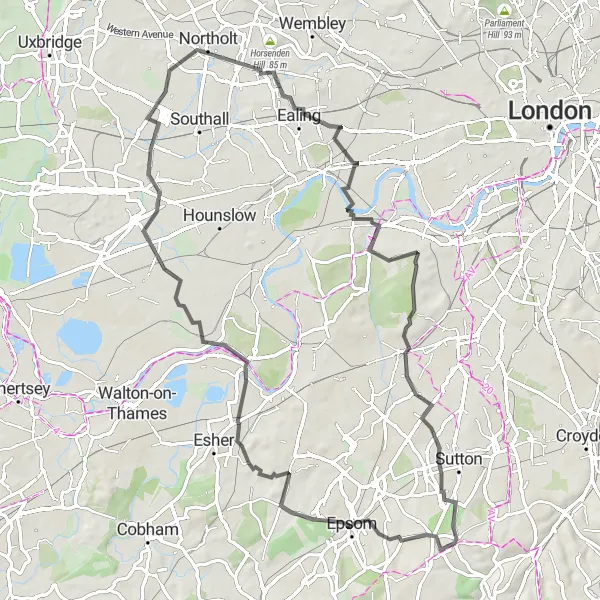 Map miniature of "Epsom to Mortlake Road Cycling Challenge" cycling inspiration in Surrey, East and West Sussex, United Kingdom. Generated by Tarmacs.app cycling route planner