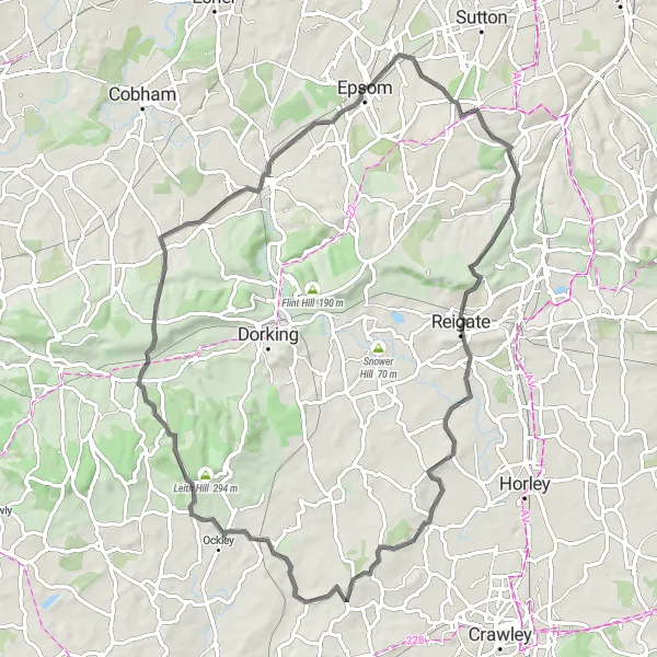 Map miniature of "Reigate Hill and Leith Hill Road Cycling Challenge" cycling inspiration in Surrey, East and West Sussex, United Kingdom. Generated by Tarmacs.app cycling route planner