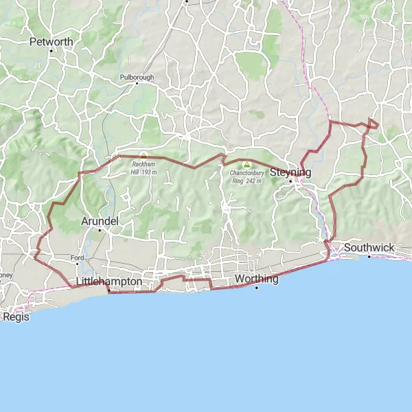 Map miniature of "The South Downs Gravel Delight" cycling inspiration in Surrey, East and West Sussex, United Kingdom. Generated by Tarmacs.app cycling route planner