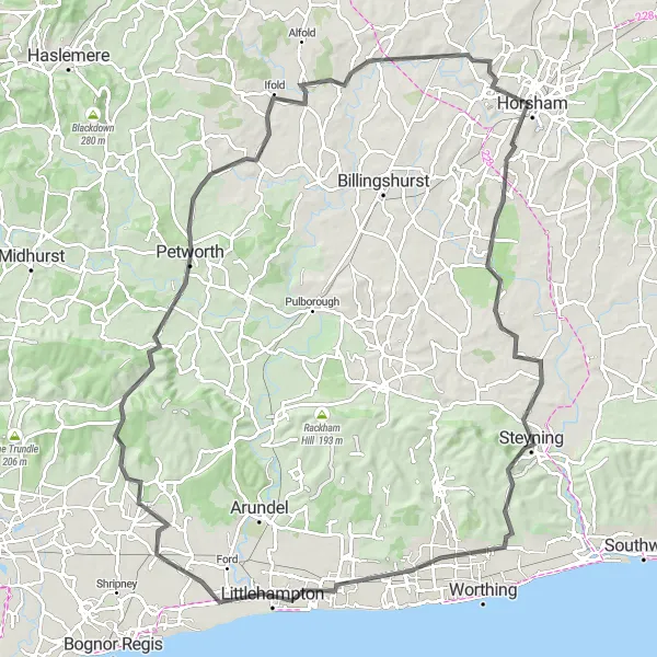 Map miniature of "The Barnham Circuit" cycling inspiration in Surrey, East and West Sussex, United Kingdom. Generated by Tarmacs.app cycling route planner