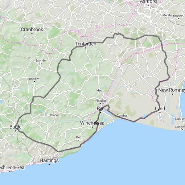 Map miniature of "Countryside road cycling near Battle" cycling inspiration in Surrey, East and West Sussex, United Kingdom. Generated by Tarmacs.app cycling route planner