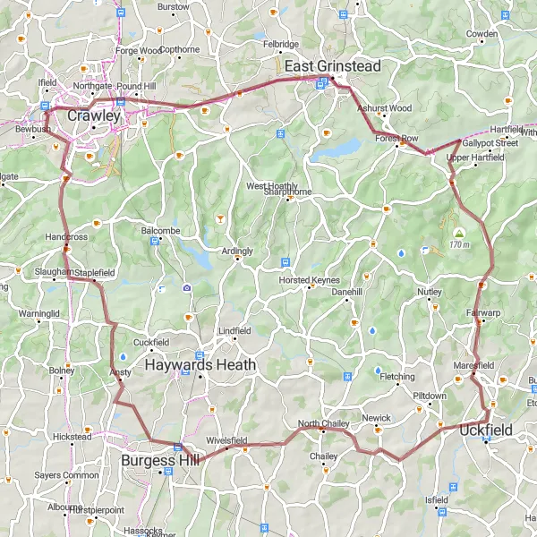Map miniature of "Bewbush to East Grinstead and Back via Maresfield" cycling inspiration in Surrey, East and West Sussex, United Kingdom. Generated by Tarmacs.app cycling route planner