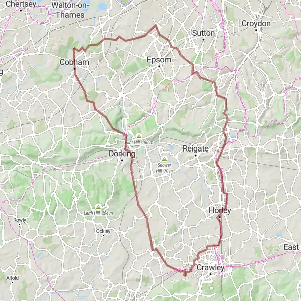 Map miniature of "Off-Road Excursion through Stunning Landscapes" cycling inspiration in Surrey, East and West Sussex, United Kingdom. Generated by Tarmacs.app cycling route planner