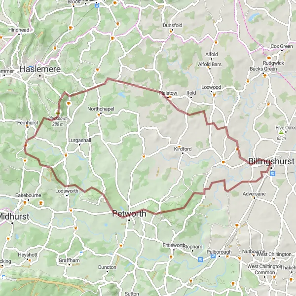 Map miniature of "Quaint villages and rolling hills" cycling inspiration in Surrey, East and West Sussex, United Kingdom. Generated by Tarmacs.app cycling route planner