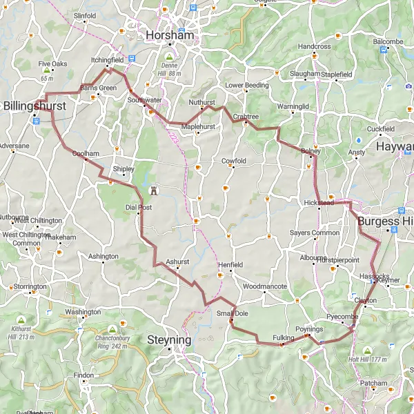 Map miniature of "The South Downs Adventure" cycling inspiration in Surrey, East and West Sussex, United Kingdom. Generated by Tarmacs.app cycling route planner