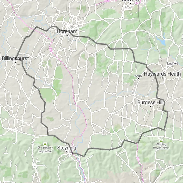 Map miniature of "The Cuckfield Loop" cycling inspiration in Surrey, East and West Sussex, United Kingdom. Generated by Tarmacs.app cycling route planner