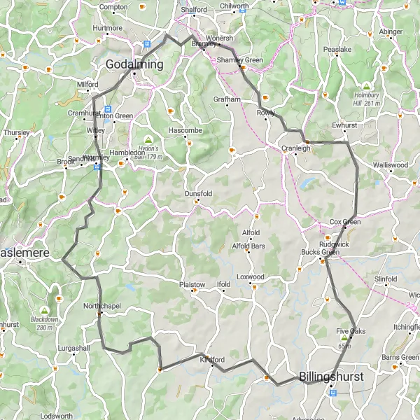 Map miniature of "Discovering Surrey Countryside" cycling inspiration in Surrey, East and West Sussex, United Kingdom. Generated by Tarmacs.app cycling route planner