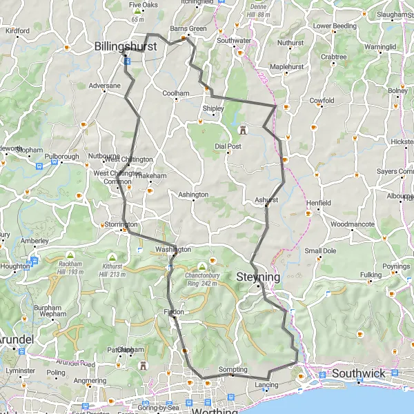 Map miniature of "The Steyning Circuit" cycling inspiration in Surrey, East and West Sussex, United Kingdom. Generated by Tarmacs.app cycling route planner