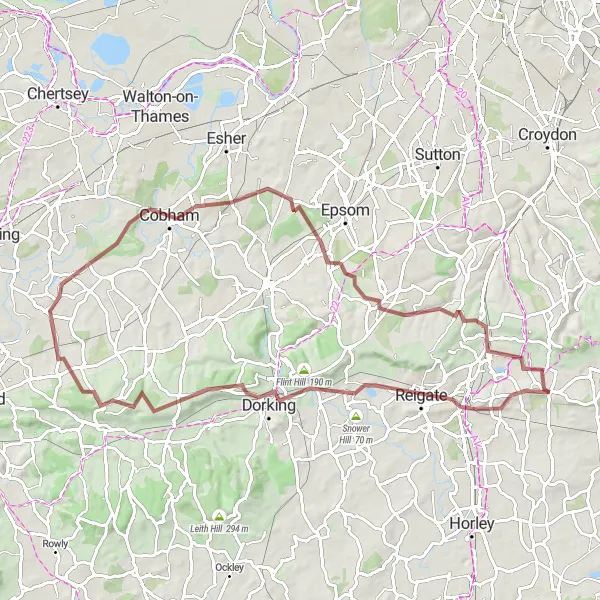 Map miniature of "Surrey Hills Gravel Classic" cycling inspiration in Surrey, East and West Sussex, United Kingdom. Generated by Tarmacs.app cycling route planner