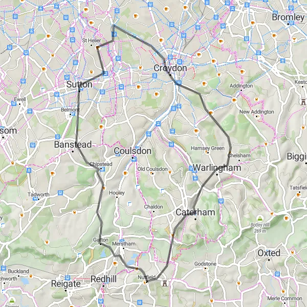 Map miniature of "Surrey Road Explorer" cycling inspiration in Surrey, East and West Sussex, United Kingdom. Generated by Tarmacs.app cycling route planner