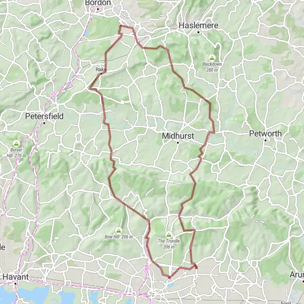 Map miniature of "The Gravel Loop: Boxgrove to Halnaker" cycling inspiration in Surrey, East and West Sussex, United Kingdom. Generated by Tarmacs.app cycling route planner