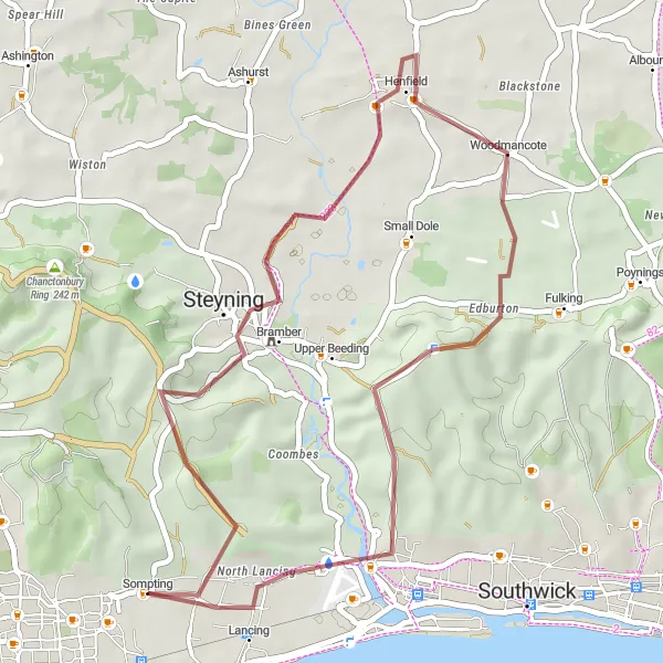 Map miniature of "Gravel Adventure to Lancing" cycling inspiration in Surrey, East and West Sussex, United Kingdom. Generated by Tarmacs.app cycling route planner