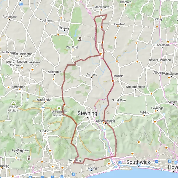 Map miniature of "Sompting and Back" cycling inspiration in Surrey, East and West Sussex, United Kingdom. Generated by Tarmacs.app cycling route planner